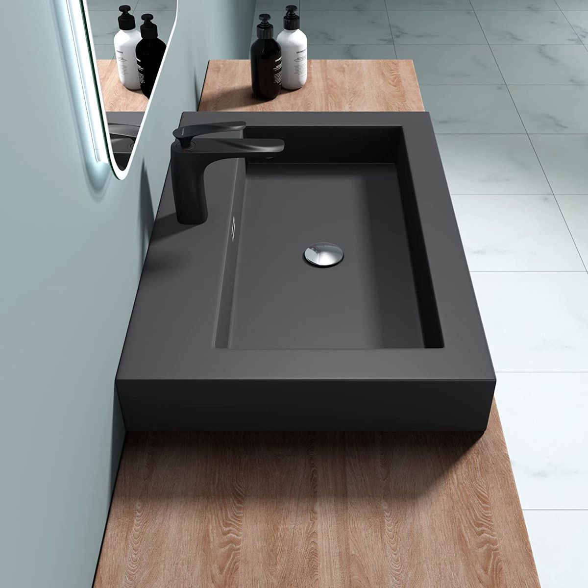 Waschbecken EGO 18, Anthrazit matt, Wand- oder Einbaumontage, Größe 100 cm, Marmorkomposit
