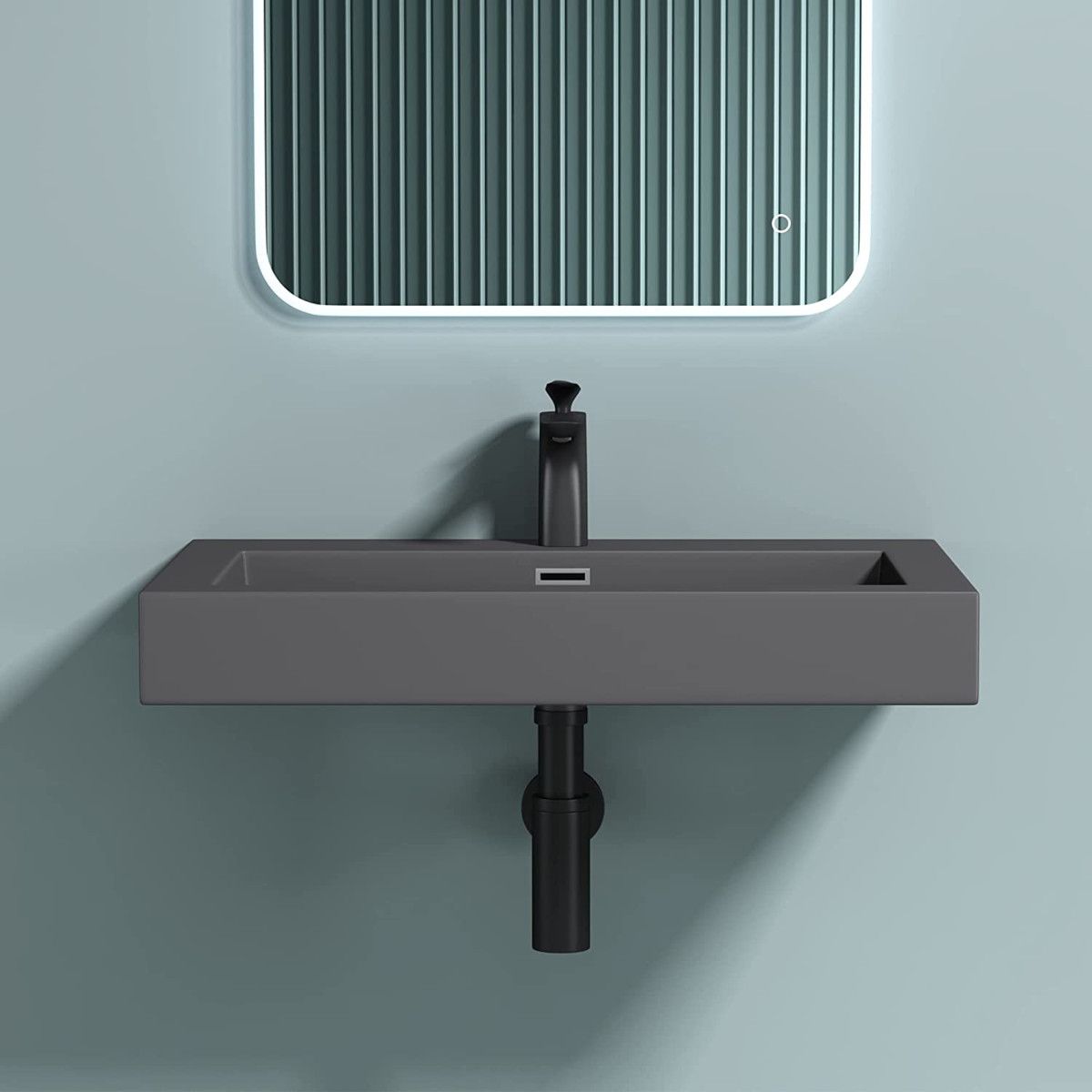 Waschbecken EGO 18, Anthrazit matt, Wand- oder Einbaumontage, Größe 100 cm, Marmorkomposit