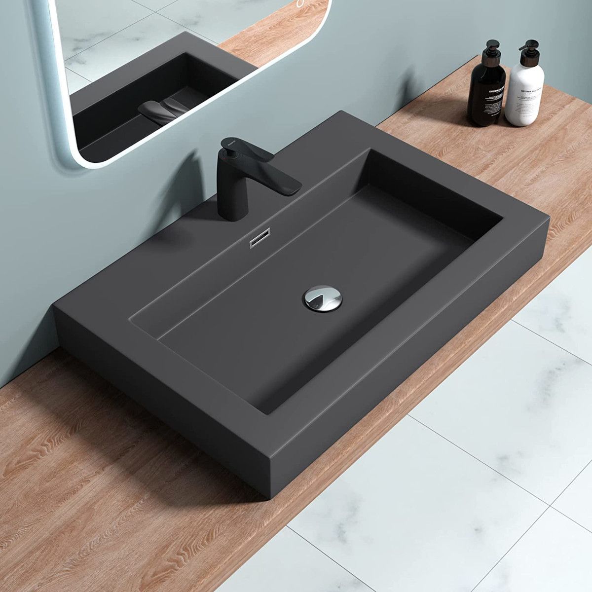 Waschbecken EGO 18, Anthrazit matt, Wand- oder Einbaumontage, Größe 100 cm, Marmorkomposit