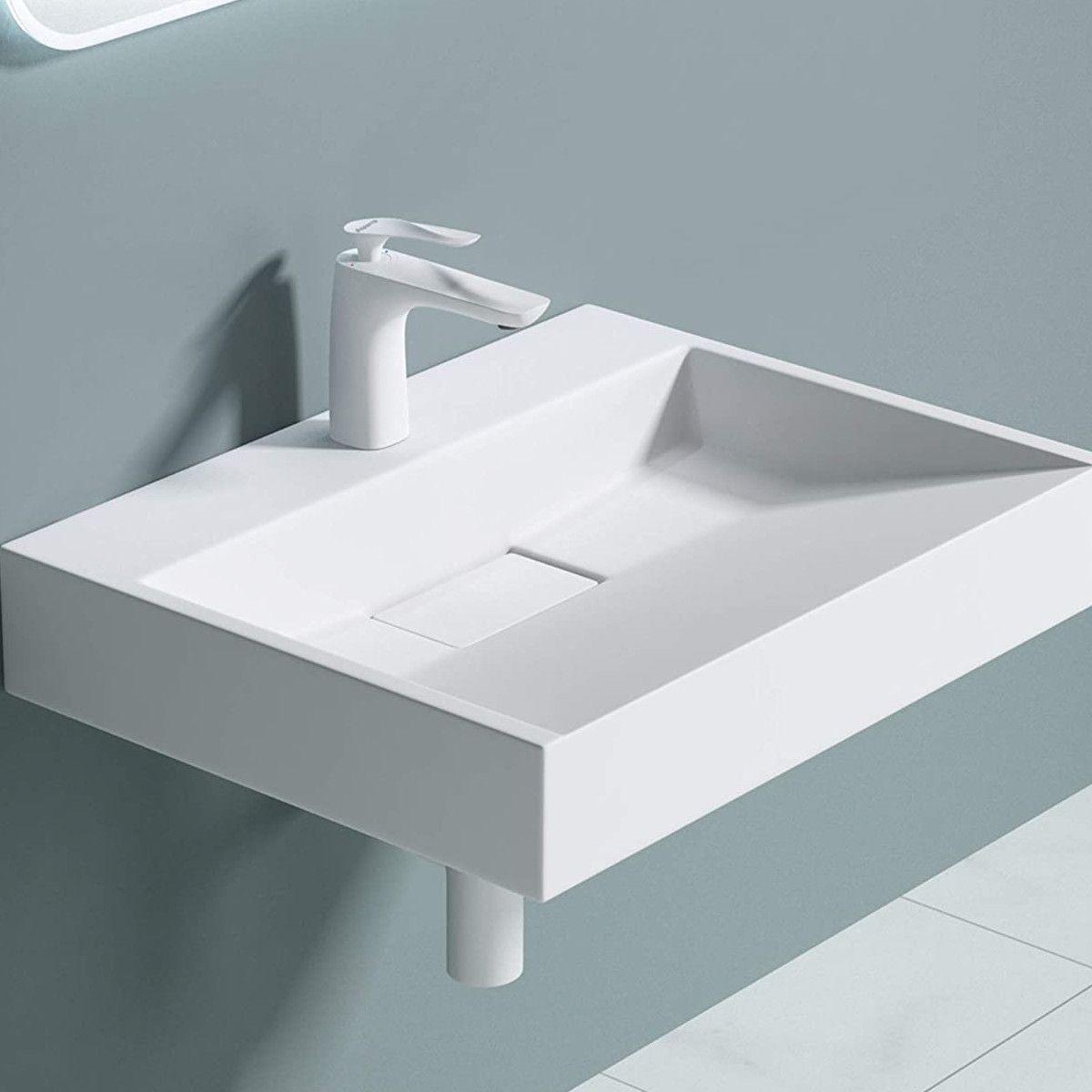 Waschbecken EGO 19, Weiß, matt, 60-90 cm, Marmorkomposit, wandhängend oder aufgesetzt, mit Hahnloch