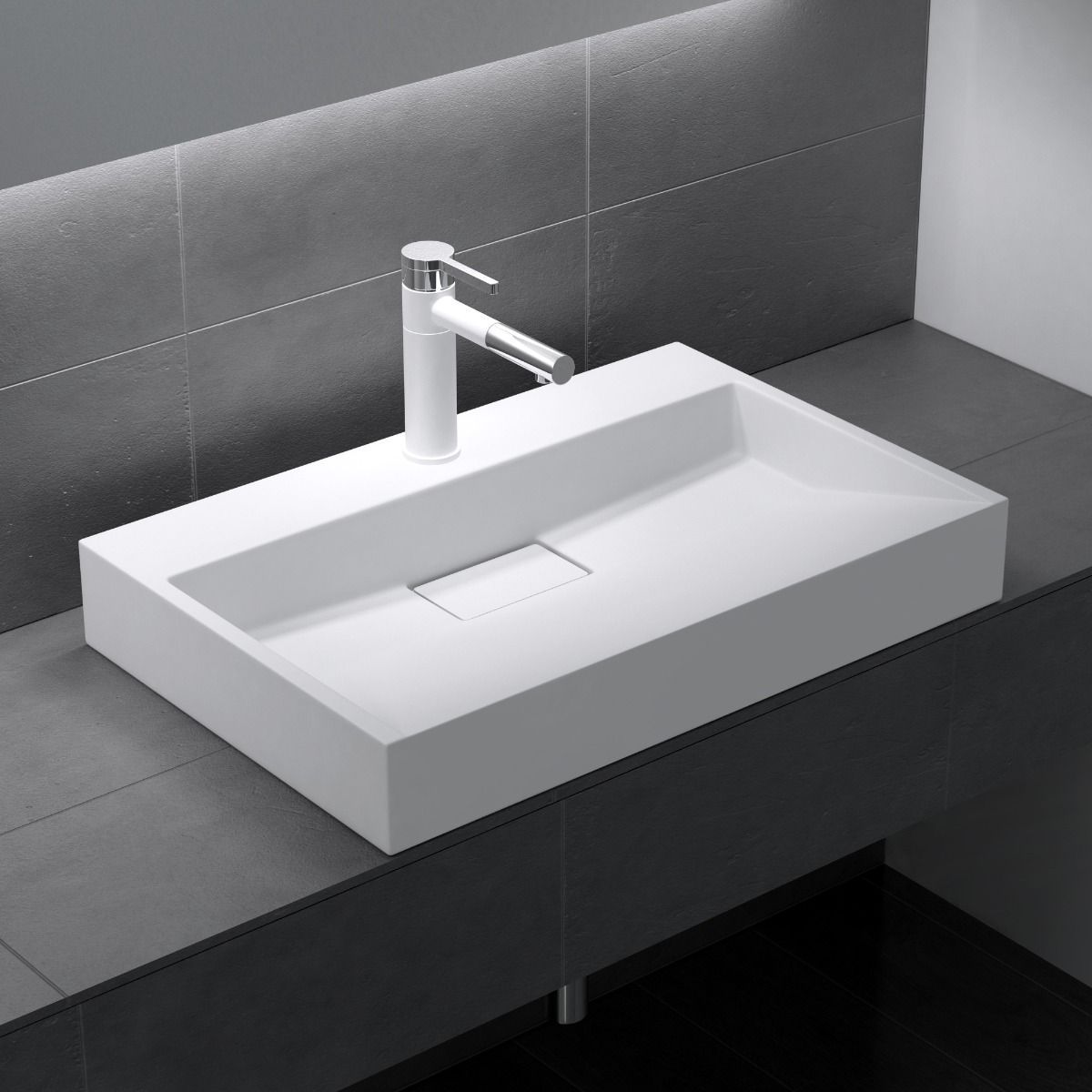 Waschbecken EGO 19, Weiß, matt, 60-90 cm, Marmorkomposit, wandhängend oder aufgesetzt, mit Hahnloch
