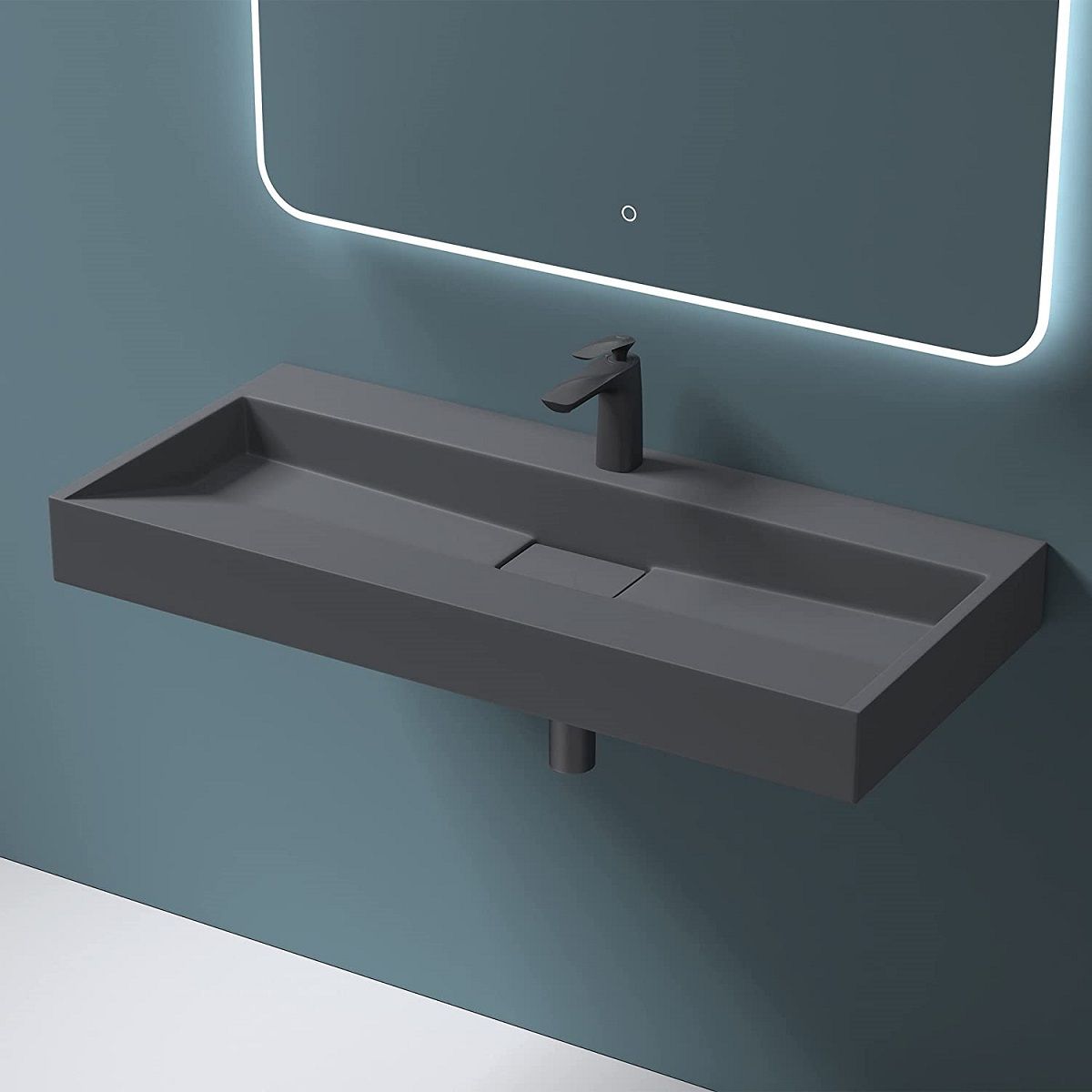 Waschbecken EGO 19, Anthrazit Matt, 50-80 cm, Marmorkomposit, Aufsatz-/Wandmontage, mit Hahnloch