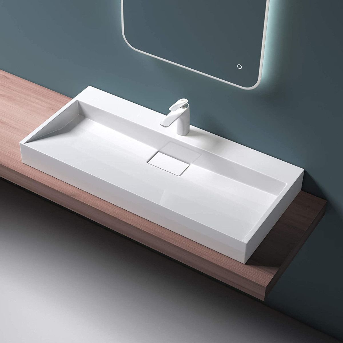 Waschbecken EGO 19 B-Ware, Weiß, glänzend, Marmorkomposit, wandhängend oder als Aufsatzwaschbecken, mit einem Hahnloch Maße: 90x46 cm