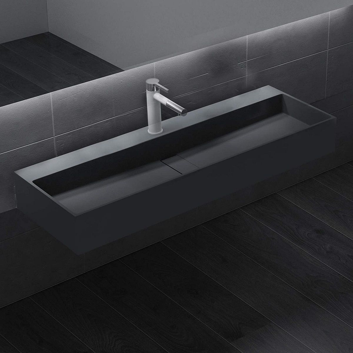 Waschbecken EGO 6028, Anthrazit, matt, 120x40 cm, Hahnloch, Aufsatzmontage, Marmorkomposit