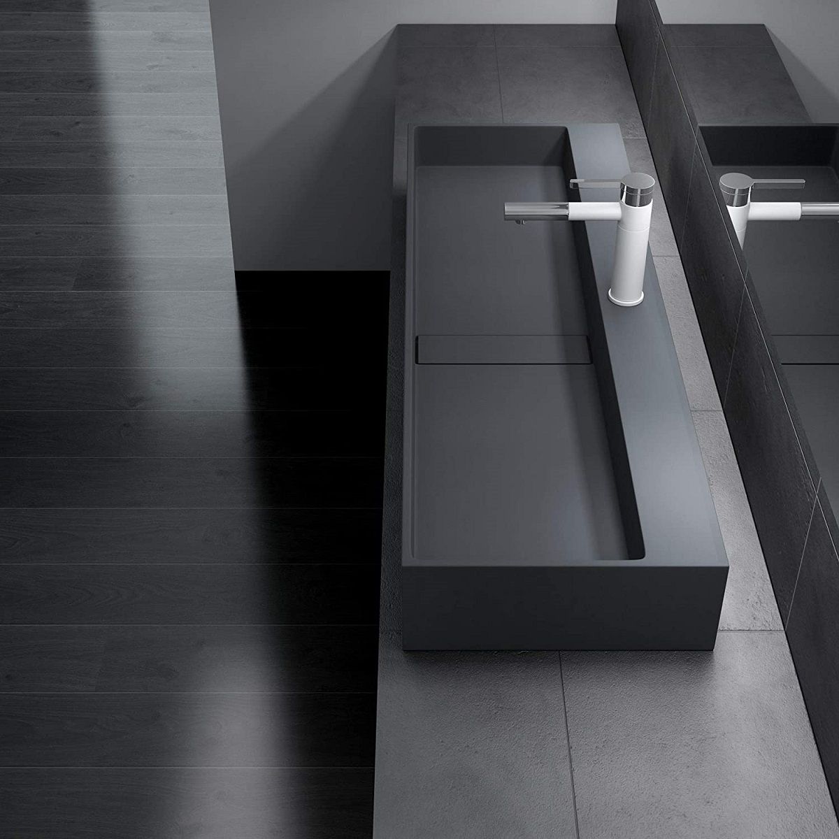 Waschbecken EGO 6028, Anthrazit, matt, 120x40 cm, Hahnloch, Aufsatzmontage, Marmorkomposit