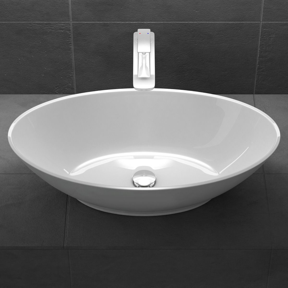 Waschbecken EGO 807, Weiß, glänzend, 62,5x34,5 cm, Aufsatzmontage, Marmorkomposit
