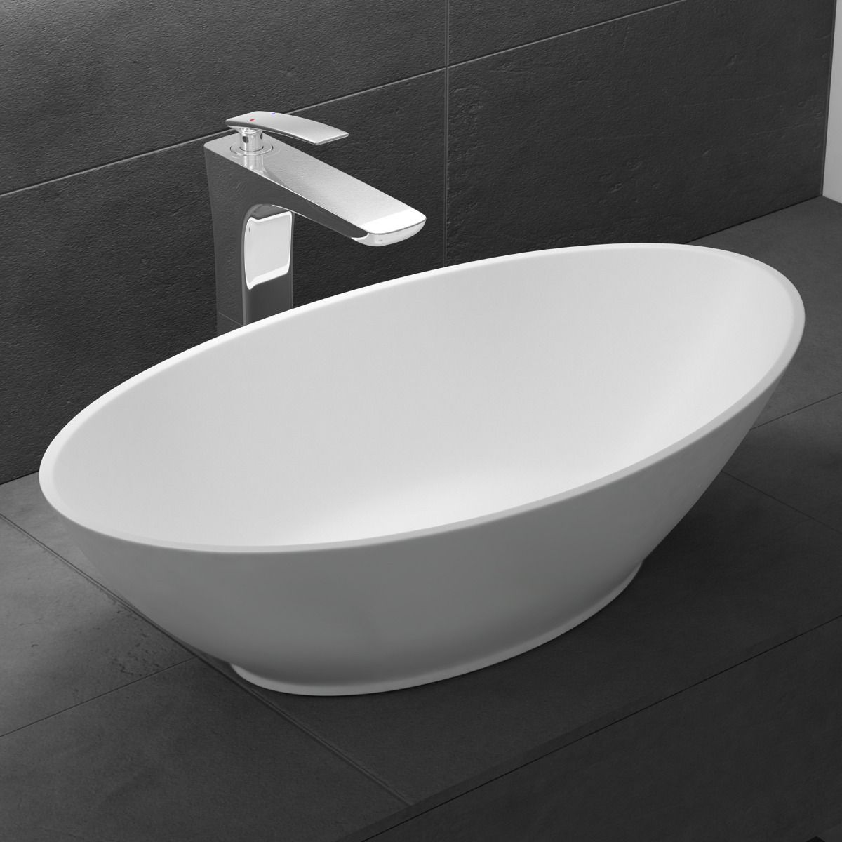 Waschbecken EGO 807, Weiß, matt, 62,5x34,5 cm, Aufsatzmontage, Marmorkomposit