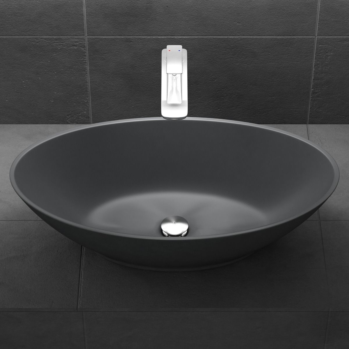 Waschbecken EGO 807, Anthrazit, matt, 62,5x34,5 cm, Aufsatzmontage, Marmorkomposit