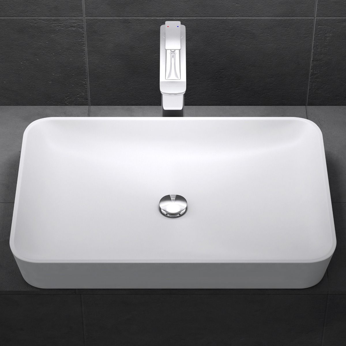 Waschbecken EGO-815, Marmorkomposit, Farbe Weiß matt, Aufsatzmontage, 60x40 cm