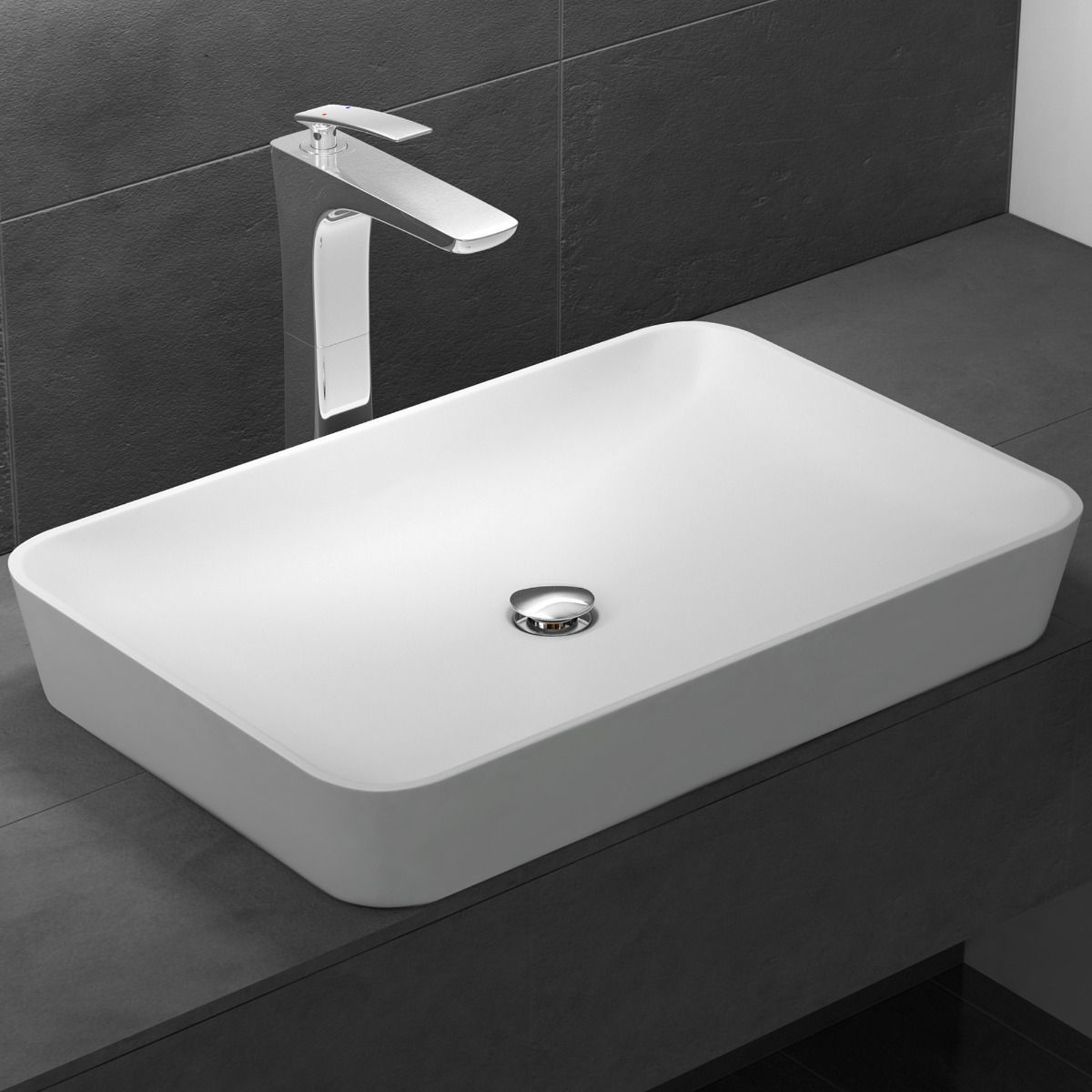 Waschbecken EGO-815, Marmorkomposit, Farbe Weiß matt, Aufsatzmontage, 60x40 cm