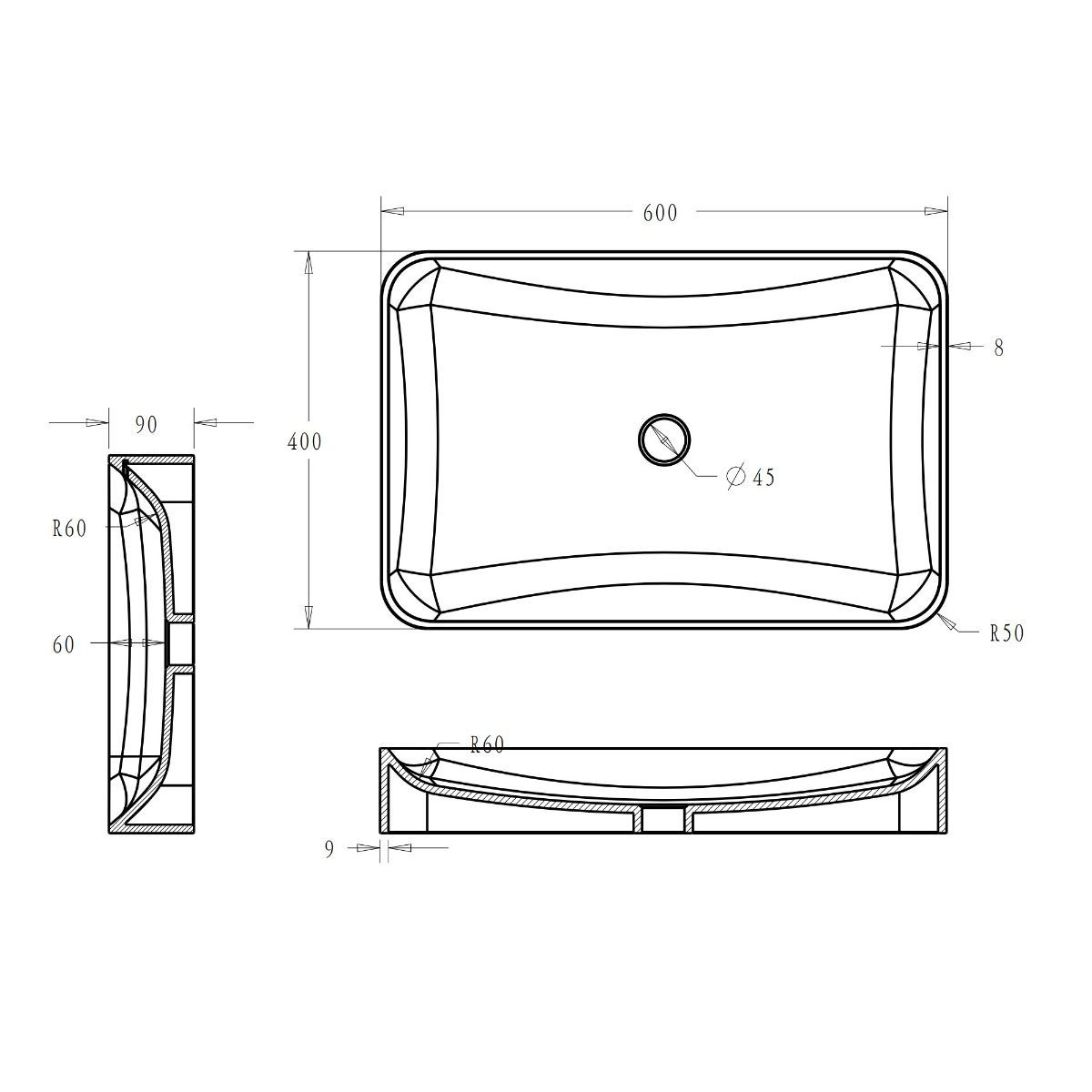 Waschbecken EGO-815, Marmorkomposit, Farbe Weiß matt, Aufsatzmontage, 60x40 cm