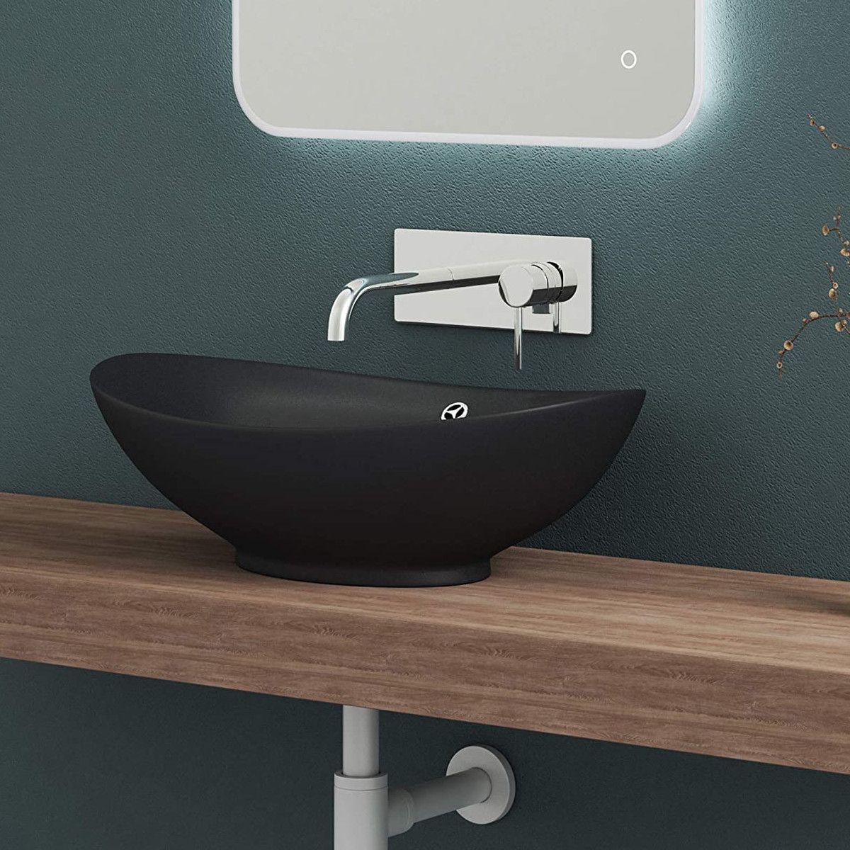 Waschbecken EGO 818, Schwarz, matt, 59x38,3 cm, Aufsatzmontage, Sanitärkeramik, mit Überlauf