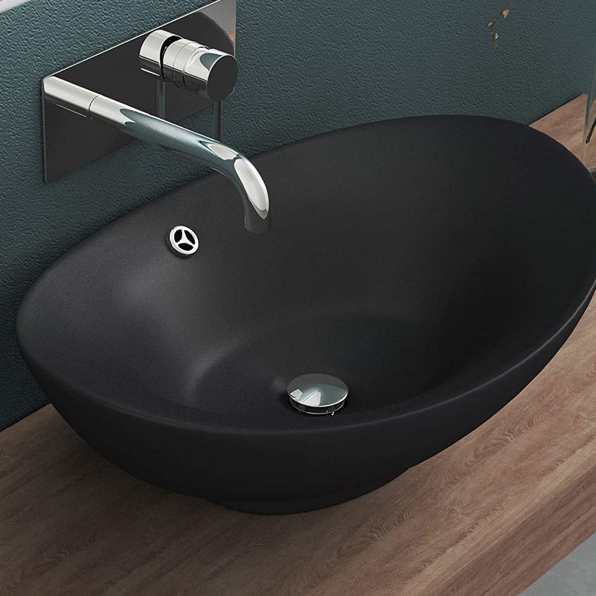 Waschbecken EGO 818, Schwarz, matt, 59x38,3 cm, Aufsatzmontage, Sanitärkeramik, mit Überlauf