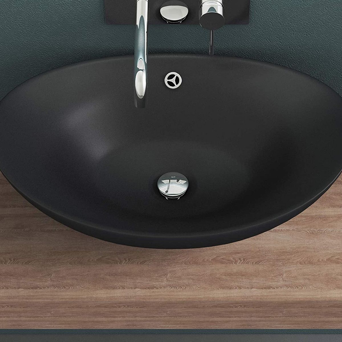 Waschbecken EGO 818, Schwarz, matt, 59x38,3 cm, Aufsatzmontage, Sanitärkeramik, mit Überlauf