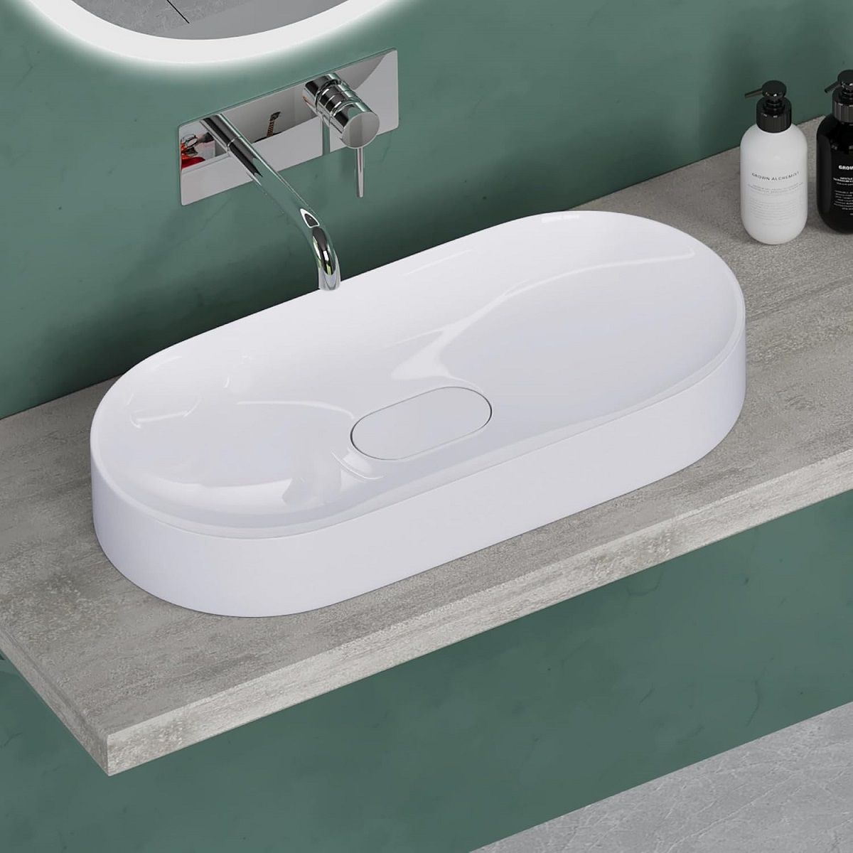 Waschbecken EGO 826, Weiß, glänzend, verdeckter Abfluss, 71 x 35 cm, Marmor-Verbundwerkstoff, Aufsatzmontage