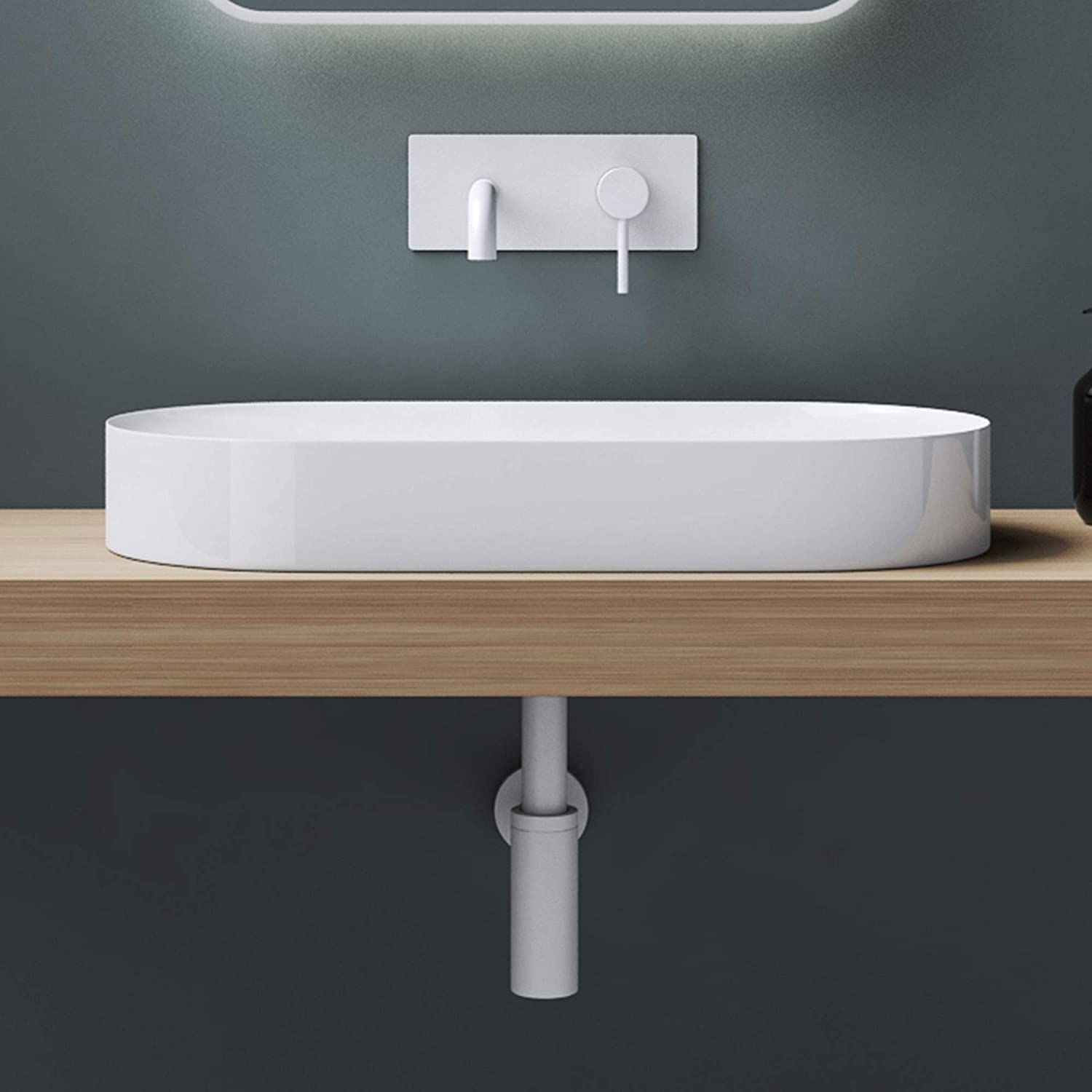 Waschbecken EGO 826, Weiß, glänzend, verdeckter Abfluss, 71 x 35 cm, Marmor-Verbundwerkstoff, Aufsatzmontage