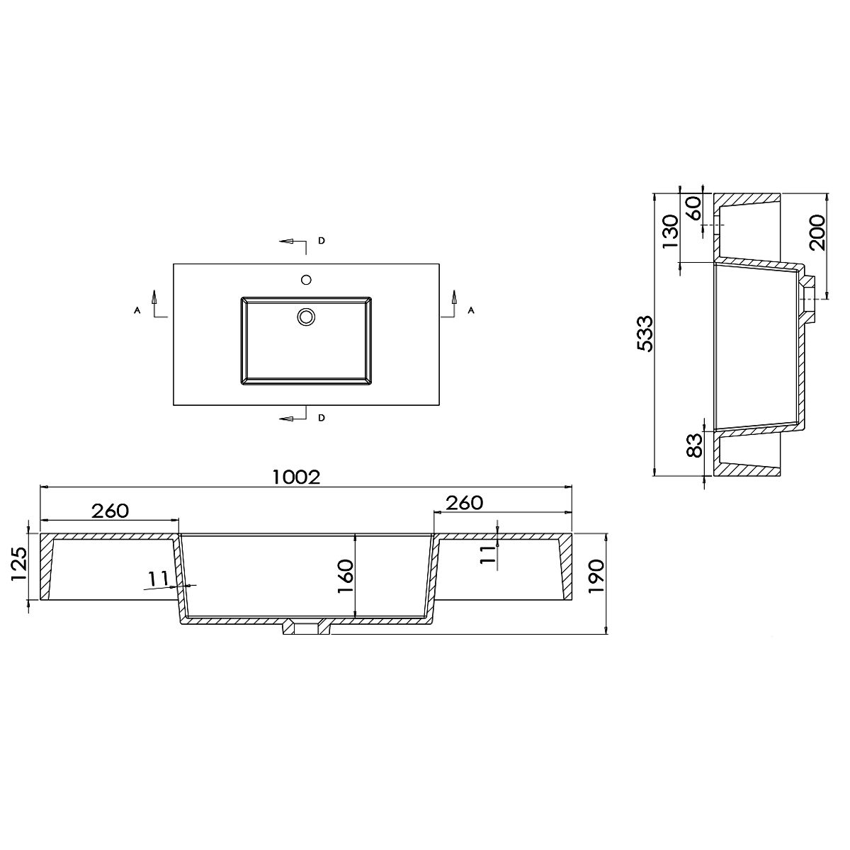 Waschbecken Elsa, Mineralwerkstoff, Aufsatz- oder Wandmontage, Mattweiß, Schieferoptik, mit Hahnloch, 80-100x49,2-53,3 cm