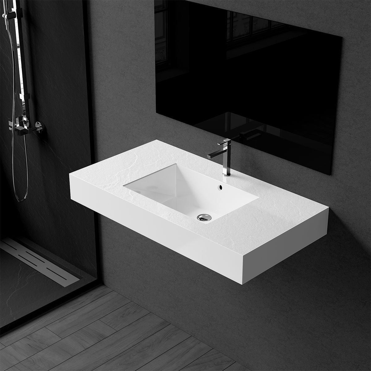 Waschbecken Elsa, Mineralwerkstoff, Aufsatz- oder Wandmontage, Mattweiß, Schieferoptik, mit Hahnloch, 80-100x49,2-53,3 cm