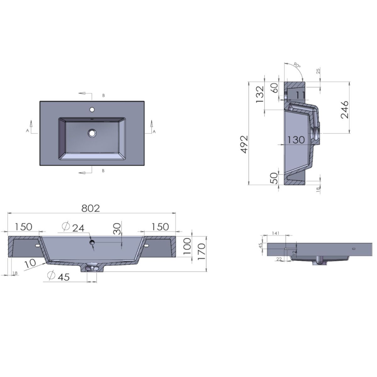 Waschbecken Elsa, Mineralwerkstoff, Aufsatz- oder Wandmontage, Mattweiß, Schieferoptik, mit Hahnloch, 80-100x49,2-53,3 cm