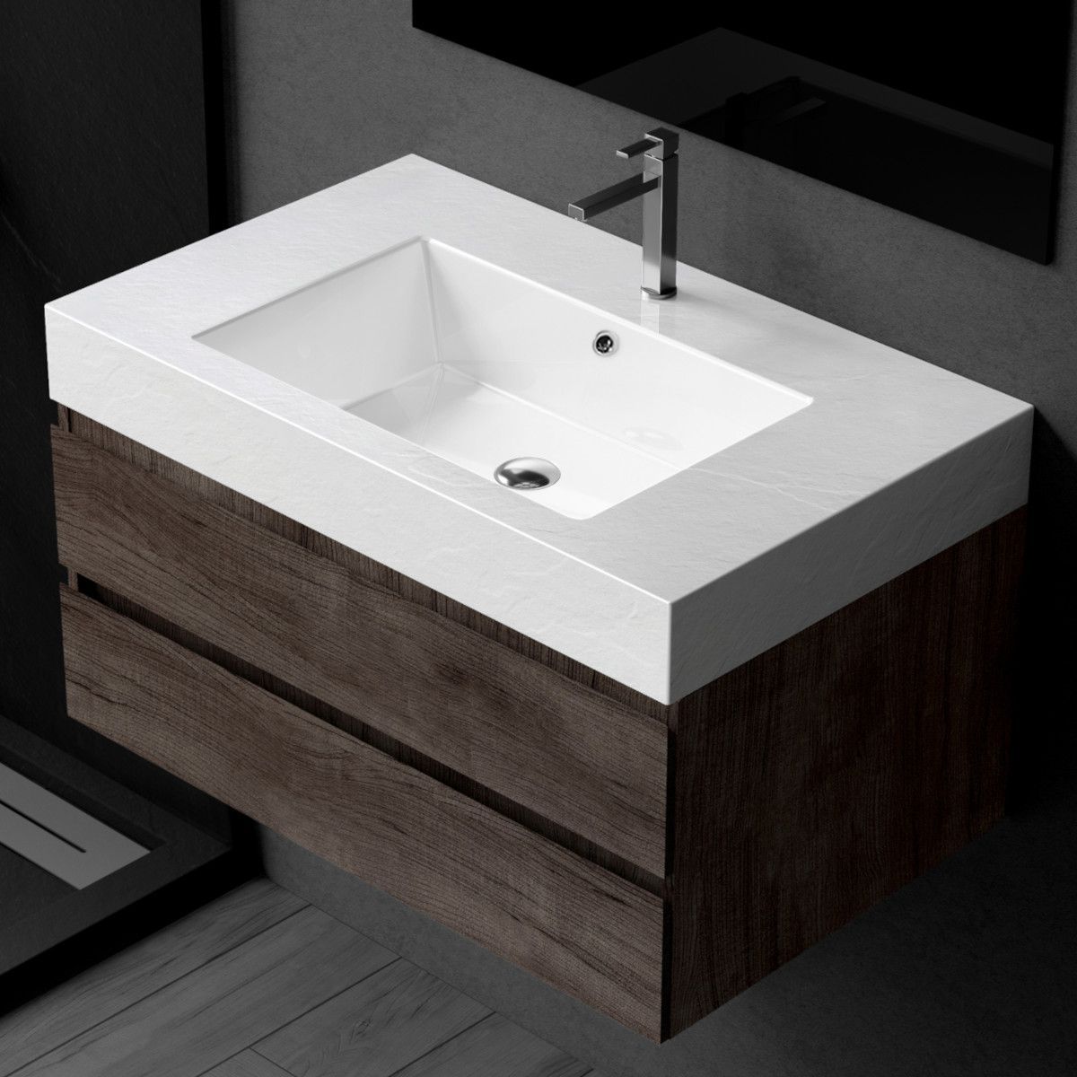 Waschbecken Elsa, Mineralwerkstoff, Aufsatz- oder Wandmontage, Mattweiß, Schieferoptik, mit Hahnloch, 80-100x49,2-53,3 cm