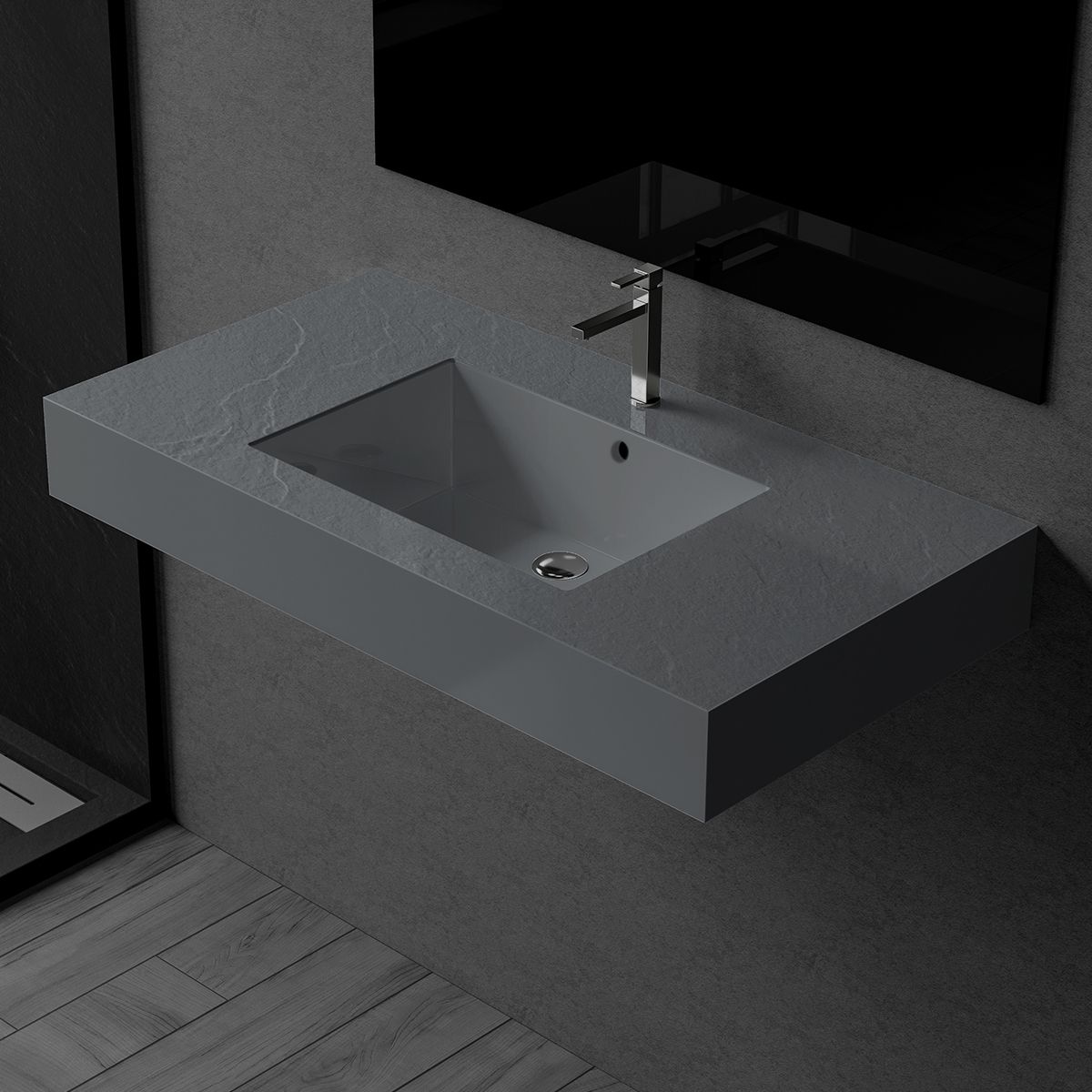 Waschbecken Elsa, Mineralwerkstoff, Aufsatz- oder Wandmontage, Anthrazit Matt, Schieferoptik, mit Hahnloch, 80-100x49,2-53,3 cm