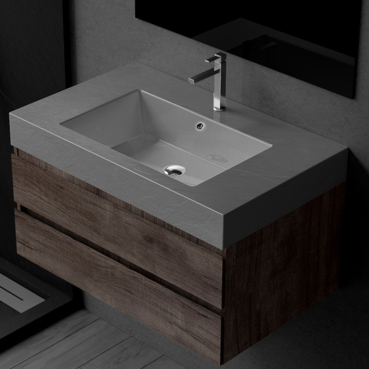 Waschbecken Elsa, Mineralwerkstoff, Aufsatz- oder Wandmontage, Anthrazit Matt, Schieferoptik, mit Hahnloch, 80-100x49,2-53,3 cm
