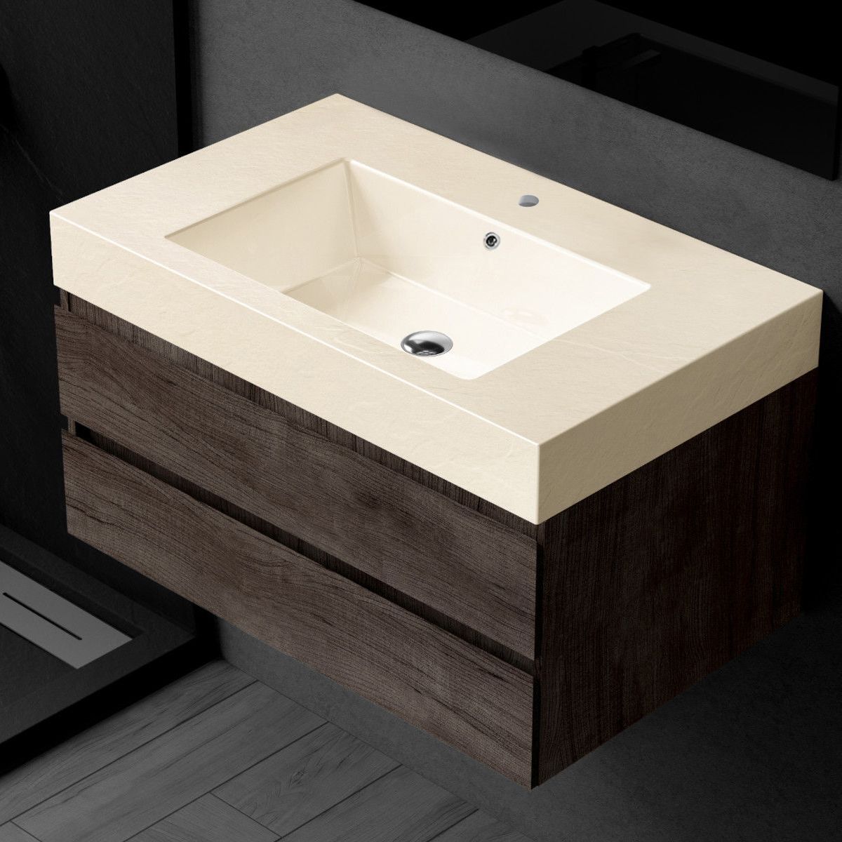 Waschbecken Elsa, Mineralwerkstoff, Aufsatz- oder Wandmontage, Creme Matt, Schieferoptik, mit Hahnloch, 80-100x49,2-53,3 cm