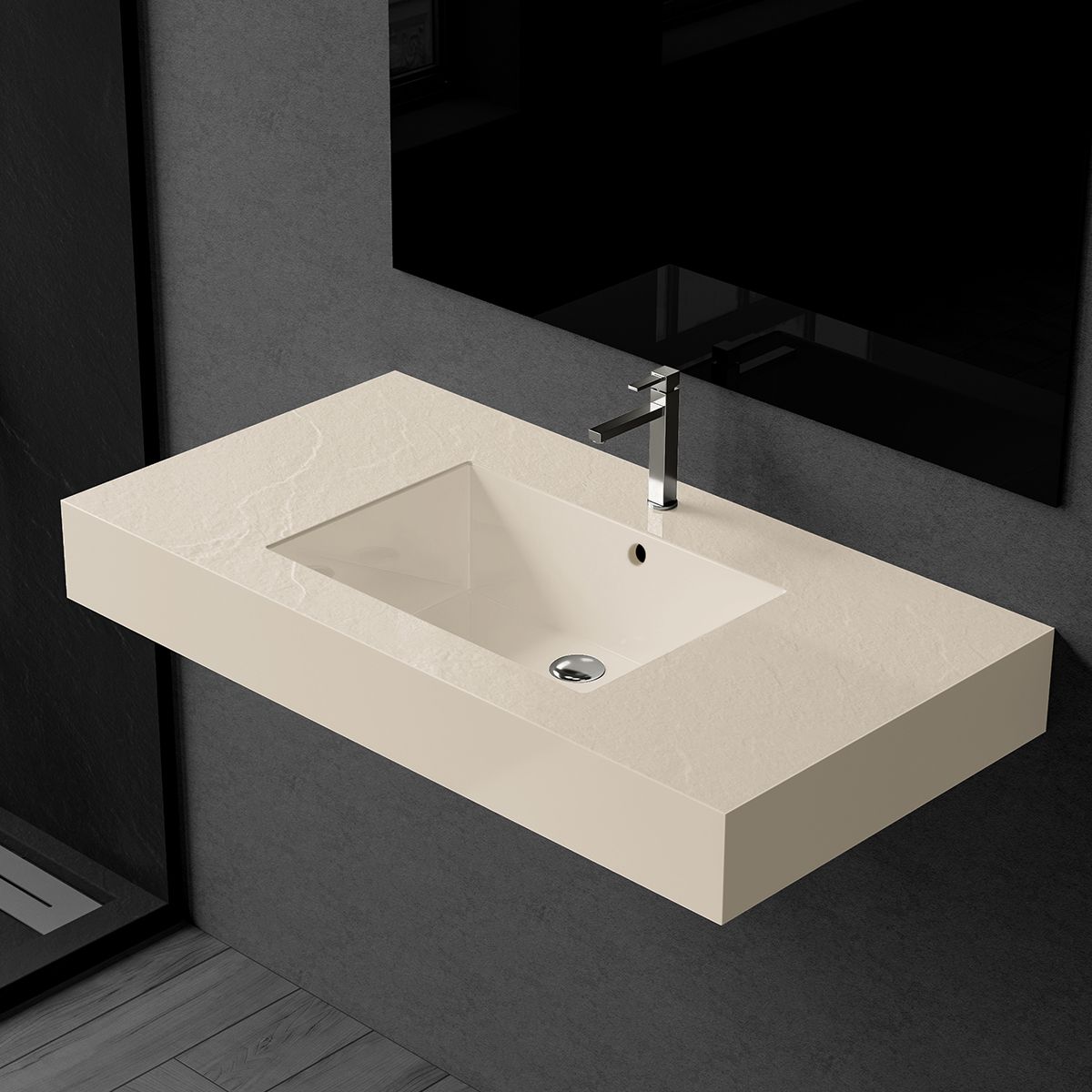 Waschbecken Elsa, Mineralwerkstoff, Aufsatz- oder Wandmontage, Creme Matt, Schieferoptik, mit Hahnloch, 80-100x49,2-53,3 cm