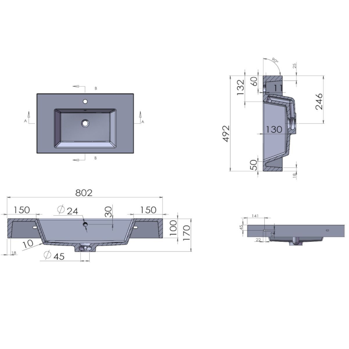 Waschbecken Elsa, Mineralwerkstoff, Aufsatz- oder Wandmontage, Creme Matt, Schieferoptik, mit Hahnloch, 80-100x49,2-53,3 cm