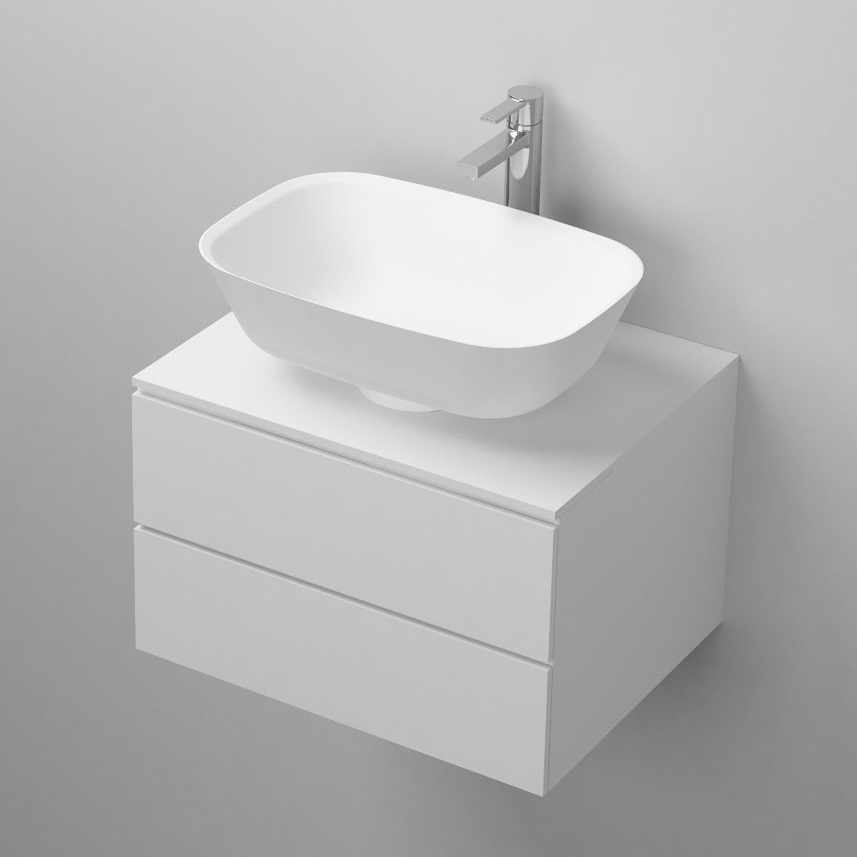 Waschbecken Emilio, Mineralwerkstoff, Aufsatzmontage, Mattweiß, ohne Hahnloch, 46x32 cm