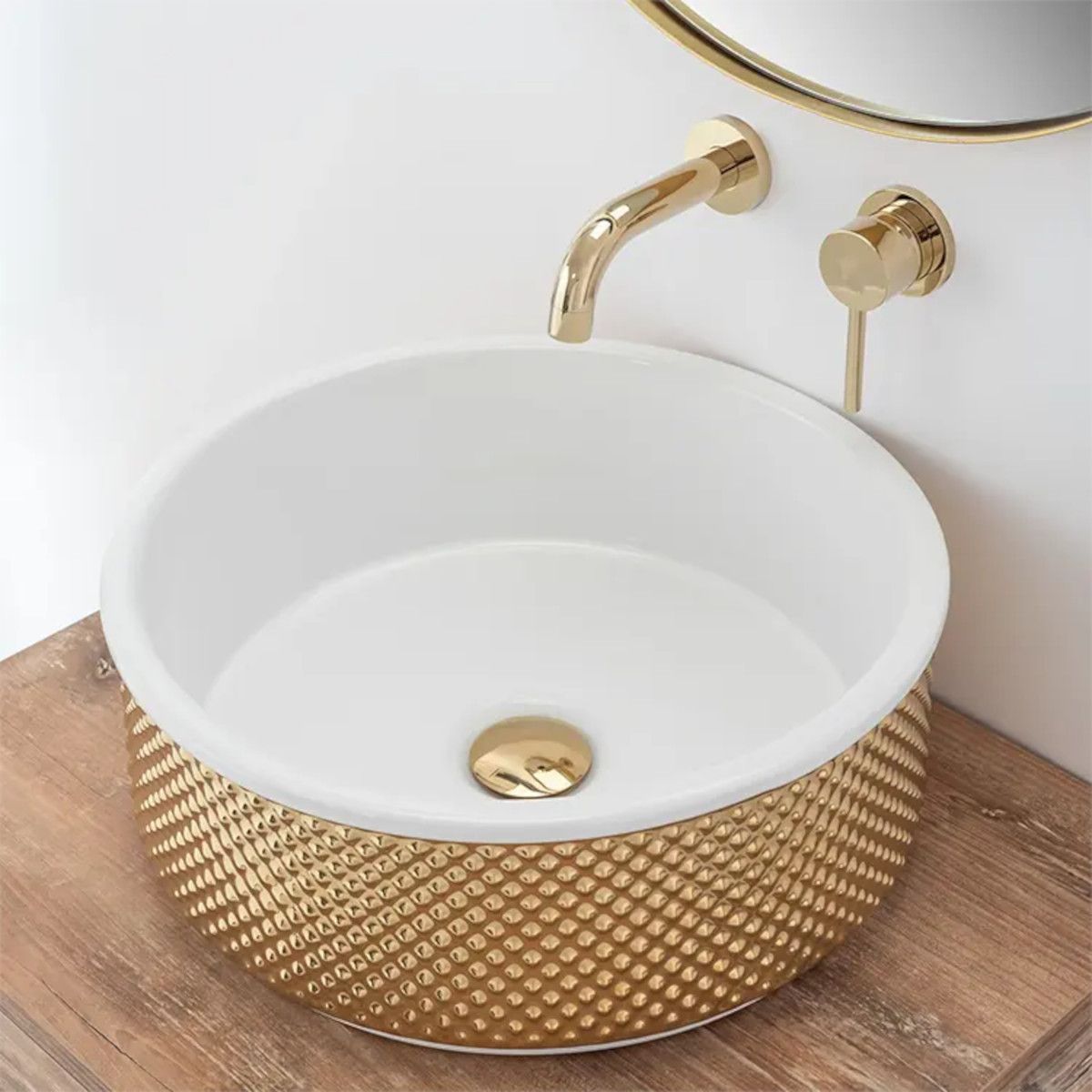 Waschbecken Gino, innen Weiß, außen Gold, Durchmesser 43 cm, Aufsatzmontage, Sanitärkeramik