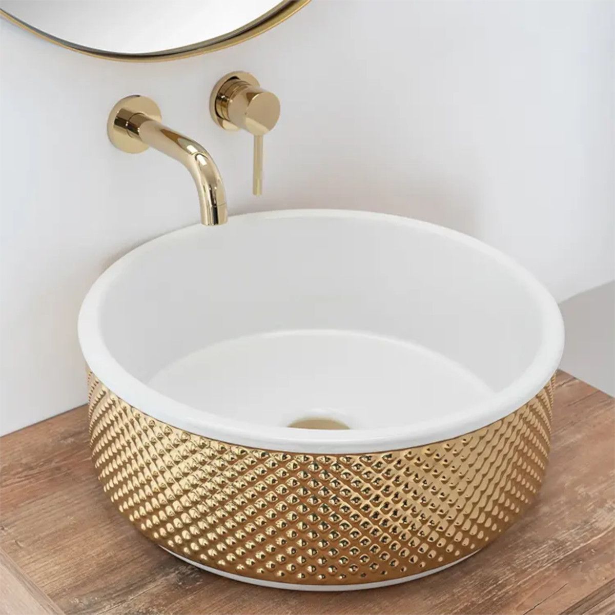 Waschbecken Gino, innen Weiß, außen Gold, Durchmesser 43 cm, Aufsatzmontage, Sanitärkeramik