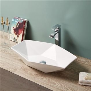REA VEGA Hexagonales Waschbecken, Weiß, glänzend, 64x42cm, Aufsatzmontage, Sanitärkeramik