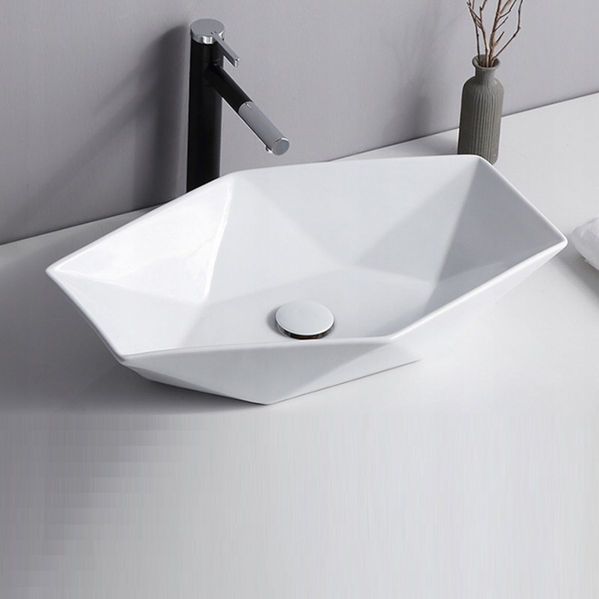 REA VEGA Hexagonales Waschbecken, Weiß, glänzend, 64x42cm, Aufsatzmontage, Sanitärkeramik