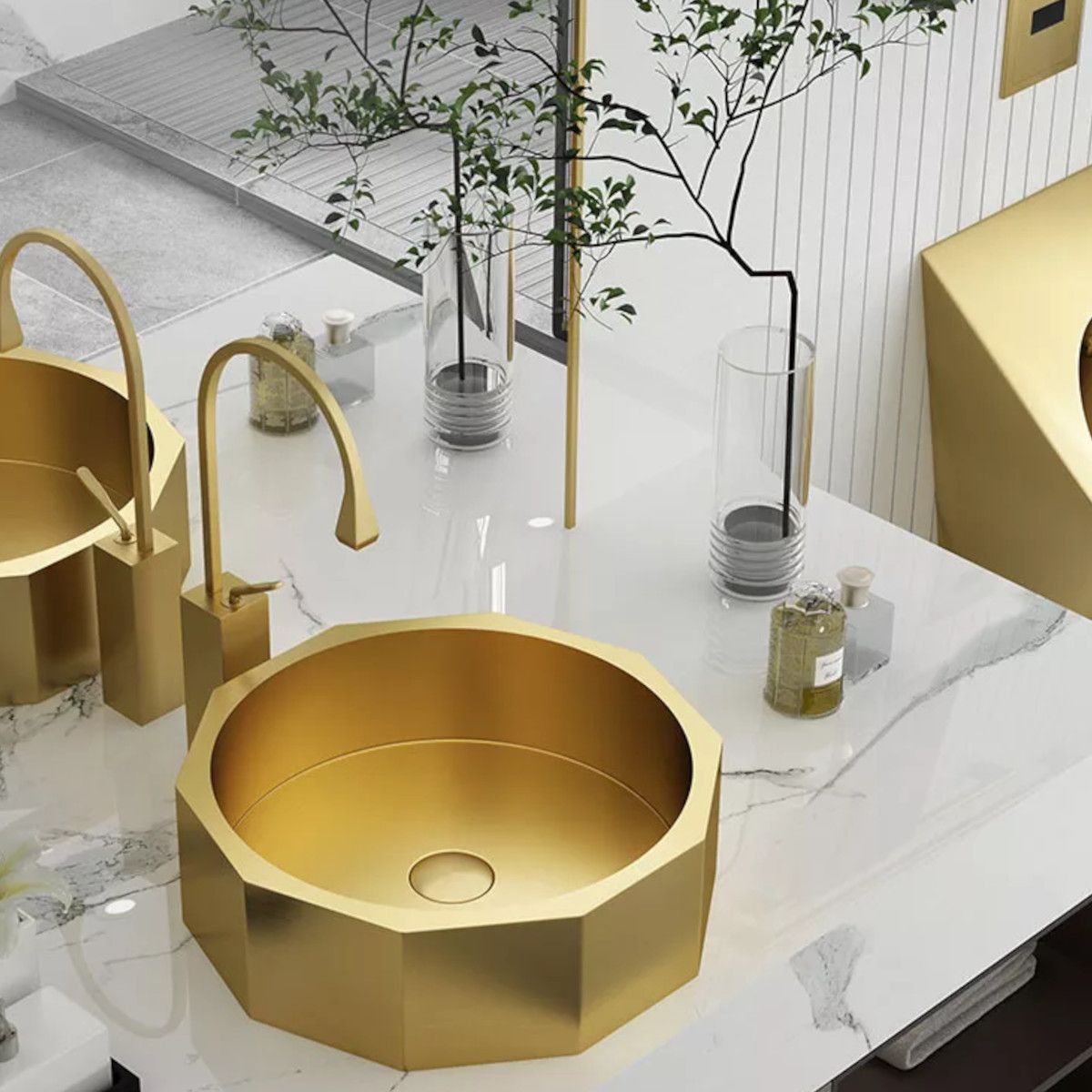 Waschbecken Iron, Edelstahl, Aufsatzmontage, mattes Gold, Durchmesser 42 cm, Royalty Line by Ego