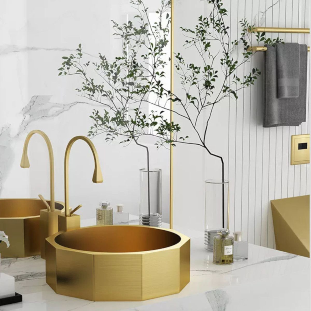 Waschbecken Iron, Edelstahl, Aufsatzmontage, mattes Gold, Durchmesser 42 cm, Royalty Line by Ego