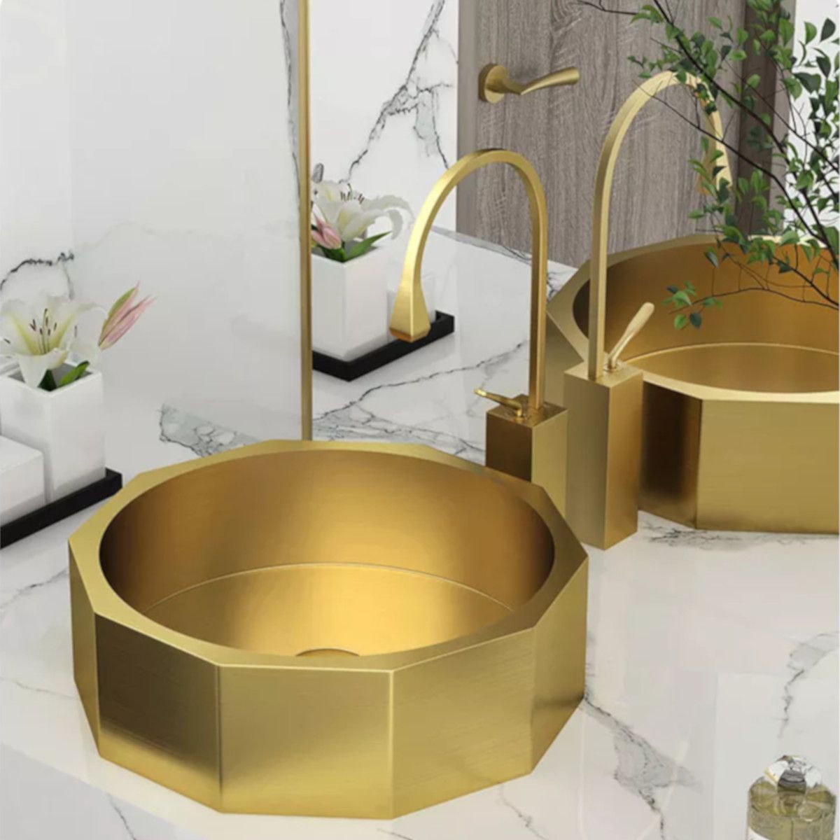 Waschbecken Iron, Edelstahl, Aufsatzmontage, mattes Gold, Durchmesser 42 cm, Royalty Line by Ego