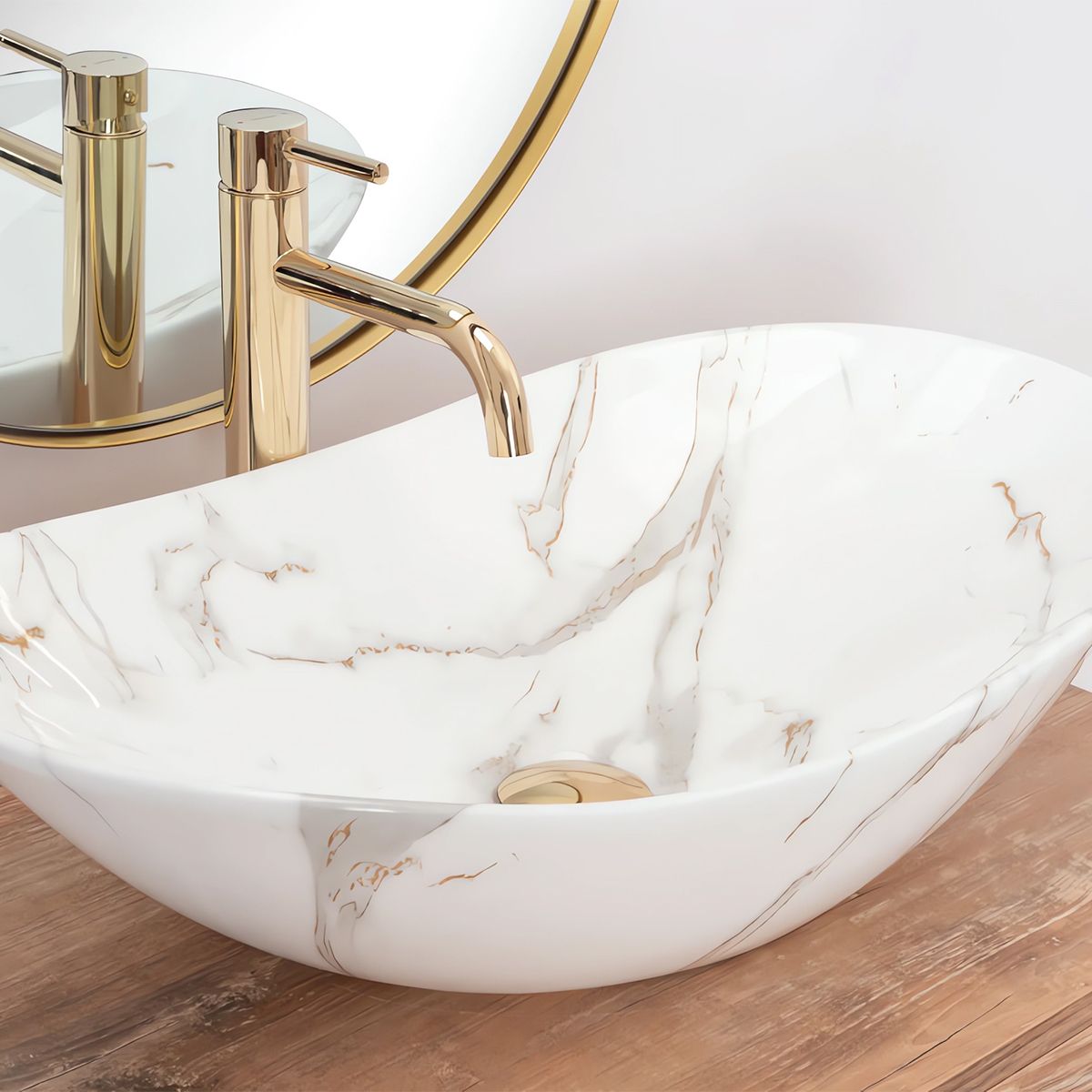 Waschbecken Luigi Marble, glänzend, Marmorfinish, 61x36 cm, Aufsatzmontage, Sanitärkeramik