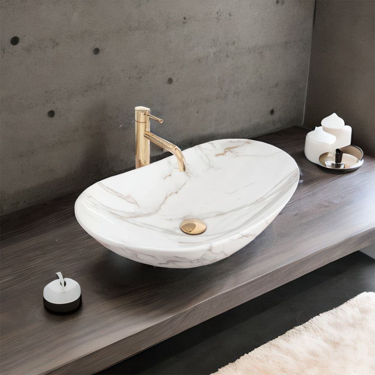Waschbecken Luigi Marble, glänzend, Marmorfinish, 61x36 cm, Aufsatzmontage, Sanitärkeramik