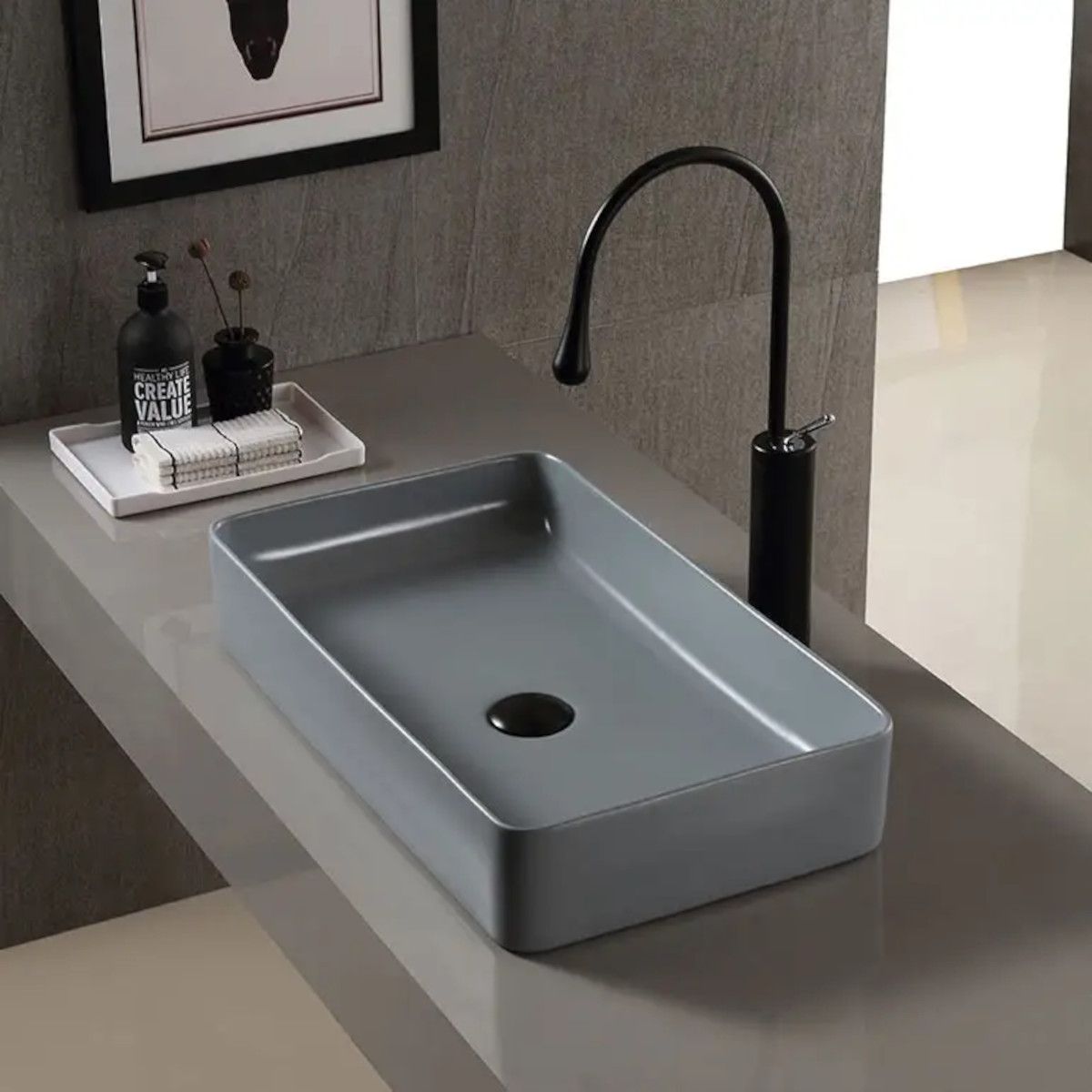 Waschbecken Maura, Mattgrau, Sanitärkeramik, 61x35 Aufsatzmontage