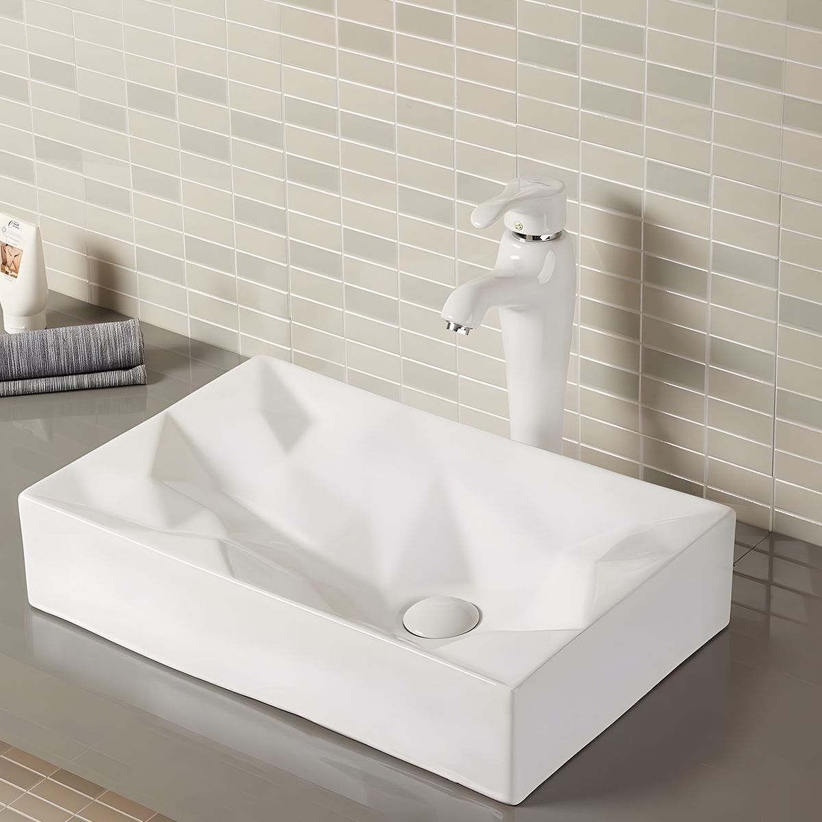 Washbecken Mistic, Glänzend Weiß, 56x35.5 cm, Aufsatzmontage, Sanitärkeramik