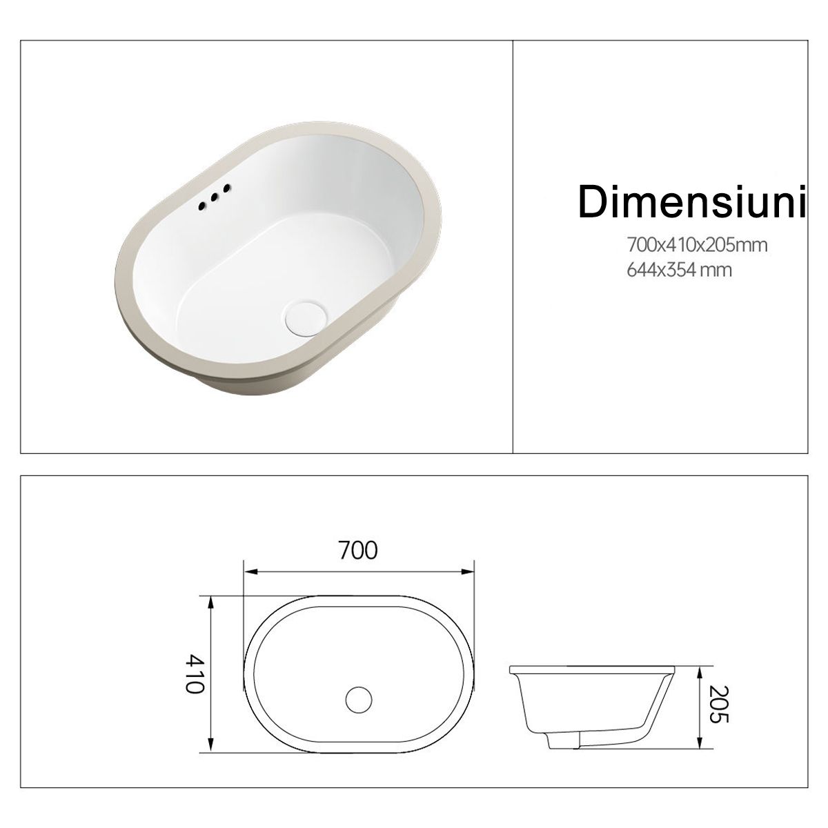 Waschtisch, Einbauinstallation, Sanitärkeramik, Maße: 60x39-70x41 cm, Weiß Glanz, Luca
