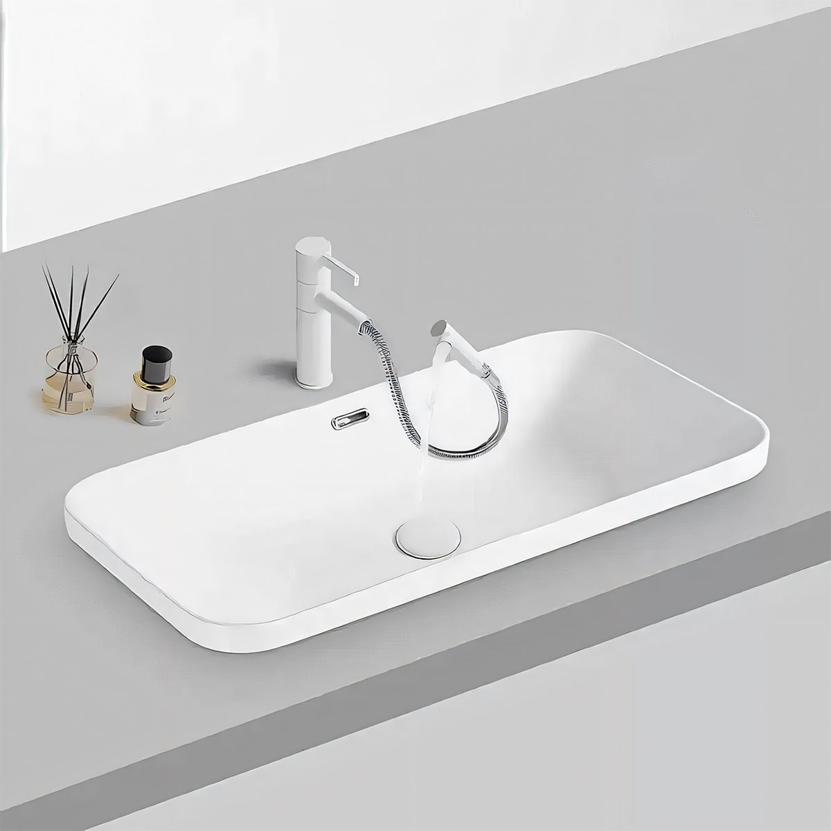 Waschbecken, halb eingelassen, Sanitärkeramik, glänzend Weiß, 70x40x17 cm, Nevelino