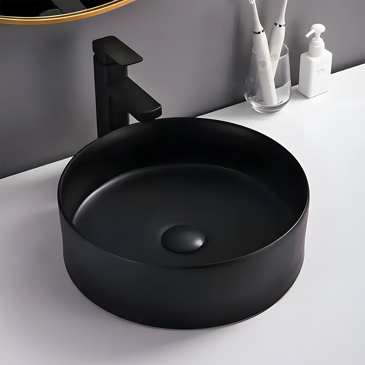 Waschbecken, Mattschwarz, Power Colour, Aufsatzmontage, Sanitärkeramik, Durchmesser 42 cm, Linea