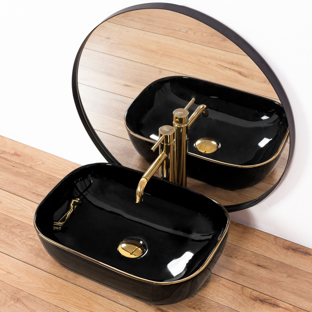 Waschbecken REA Belinda Black Gold Edge, Schwarz, glänzend, 46,5x33 cm, Aufsatzmontage, Sanitärkeramik