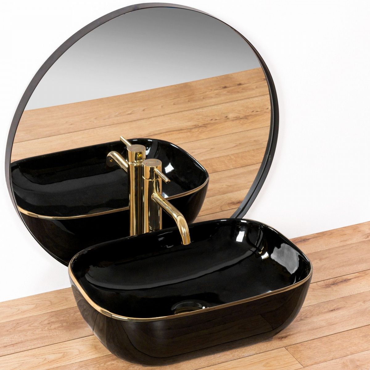 Waschbecken REA Belinda Black Gold Edge, Schwarz, glänzend, 46,5x33 cm, Aufsatzmontage, Sanitärkeramik