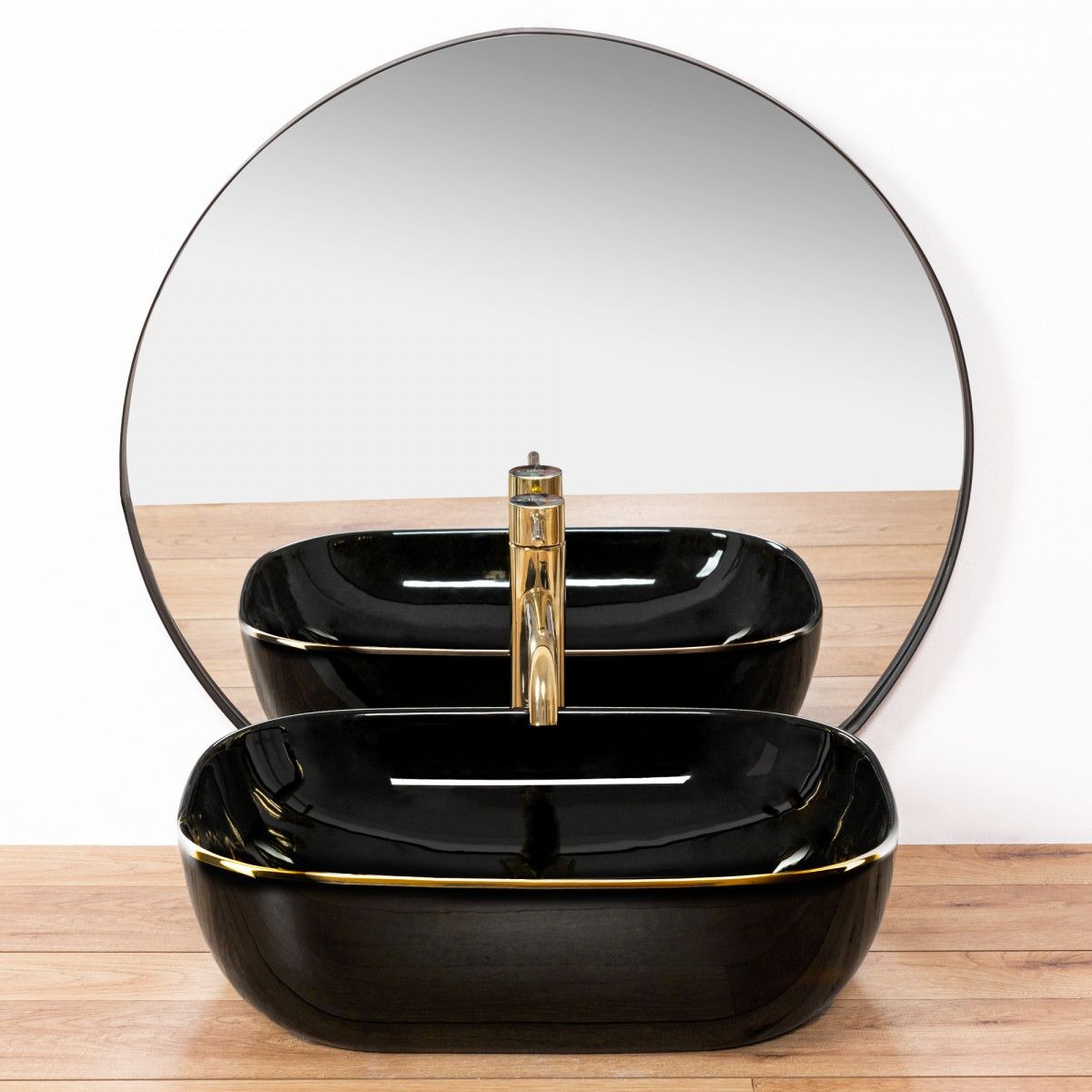 Waschbecken REA Belinda Black Gold Edge, Schwarz, glänzend, 46,5x33 cm, Aufsatzmontage, Sanitärkeramik