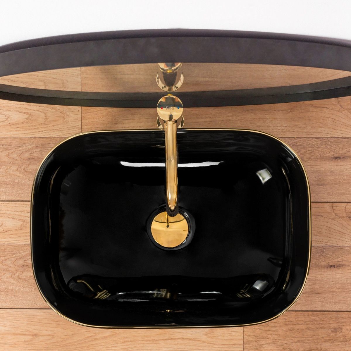Waschbecken REA Belinda Black Gold Edge, Schwarz, glänzend, 46,5x33 cm, Aufsatzmontage, Sanitärkeramik