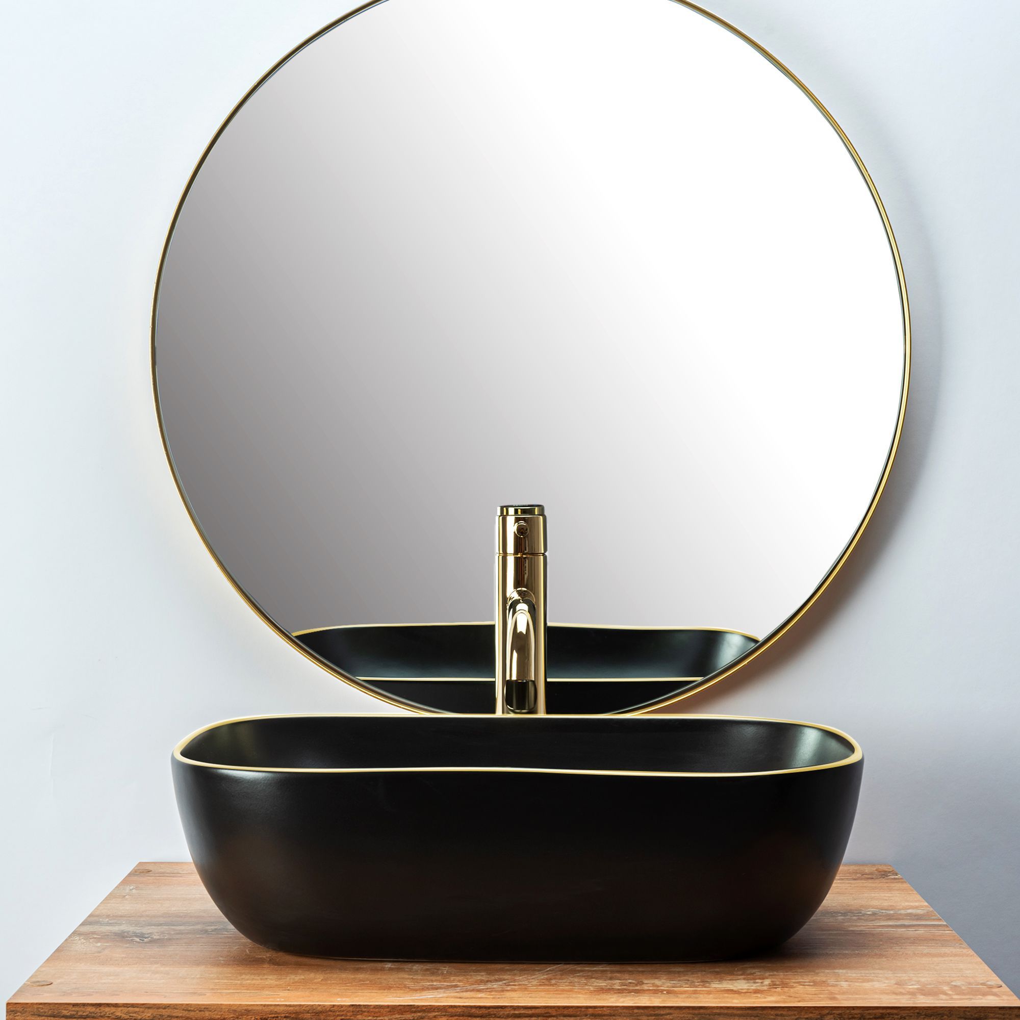 REA Belinda Waschtisch Black Matt Gold Edge, Schwarz, matt, 46,5x33 cm, Aufsatzmontage, Sanitärkeramik
