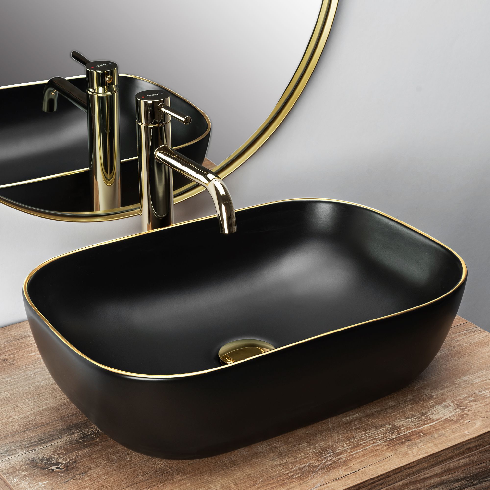 REA Belinda Waschtisch Black Matt Gold Edge, Schwarz, matt, 46,5x33 cm, Aufsatzmontage, Sanitärkeramik